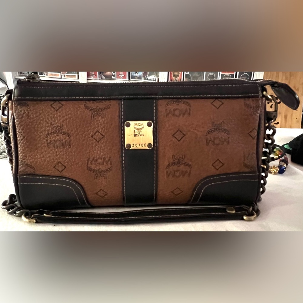 MCM Handbag Brown Black Leather Satchel Visetos Chain Strap Zip Clutch Purse